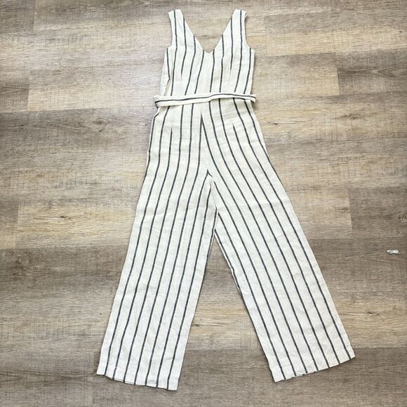 Faherty Catalina Linen Stripe Sleeveless Waist Tie Wide Leg Jumpsuit Romper Xxs - Picture 3 of 11
